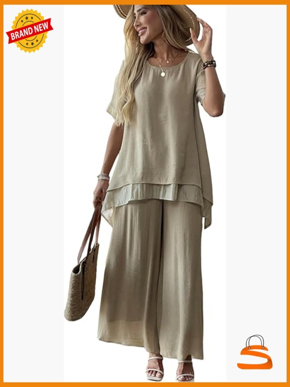 2 Piece Linen Blend Pants Set Flowy Ruffle Top Wide Leg Palazzo Suit